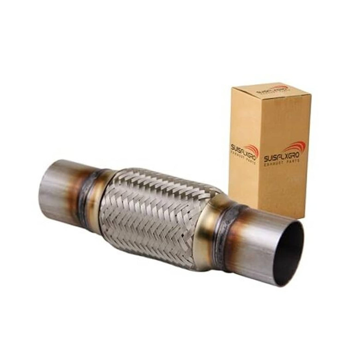 Stainless steel flex exhaust pipe with braided sleeve ends and retail box