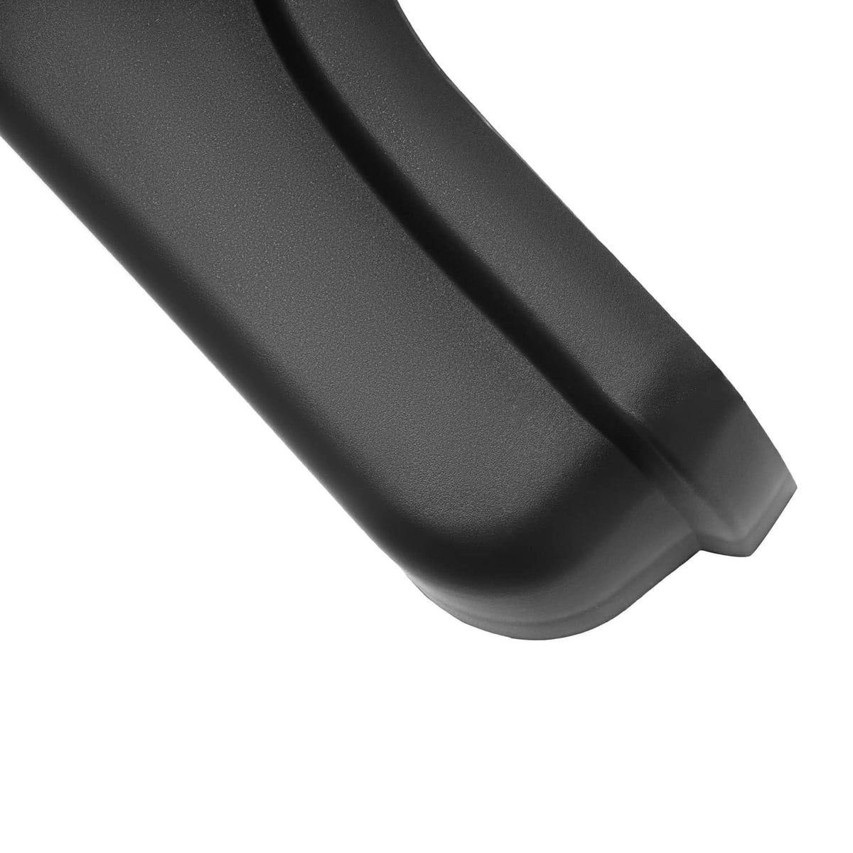 Black curved edge of left golf cart fender cap, showing smooth molded surface