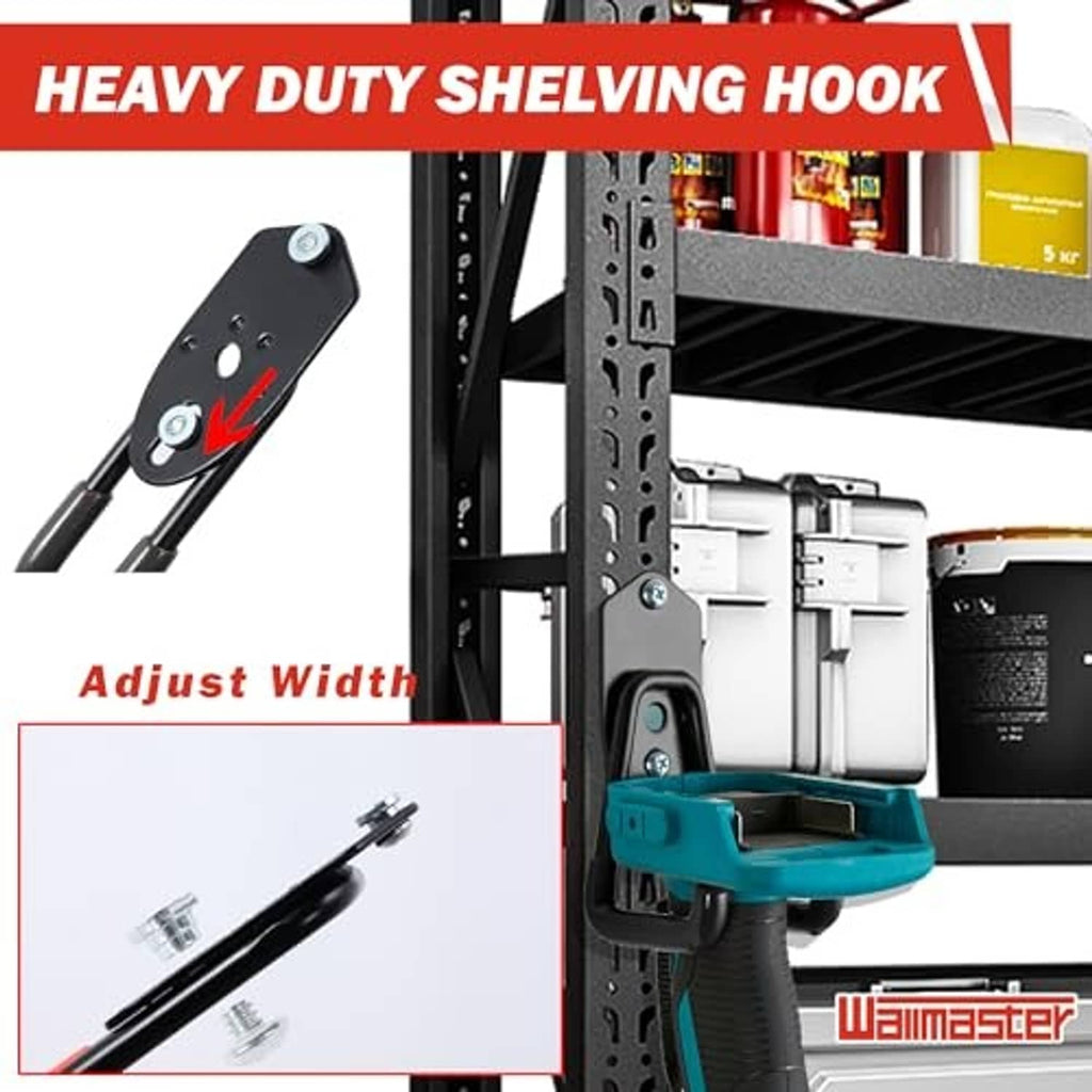 Heavy-duty black shelving hook with adjustable bracket, shown mounted to a perforated rail.