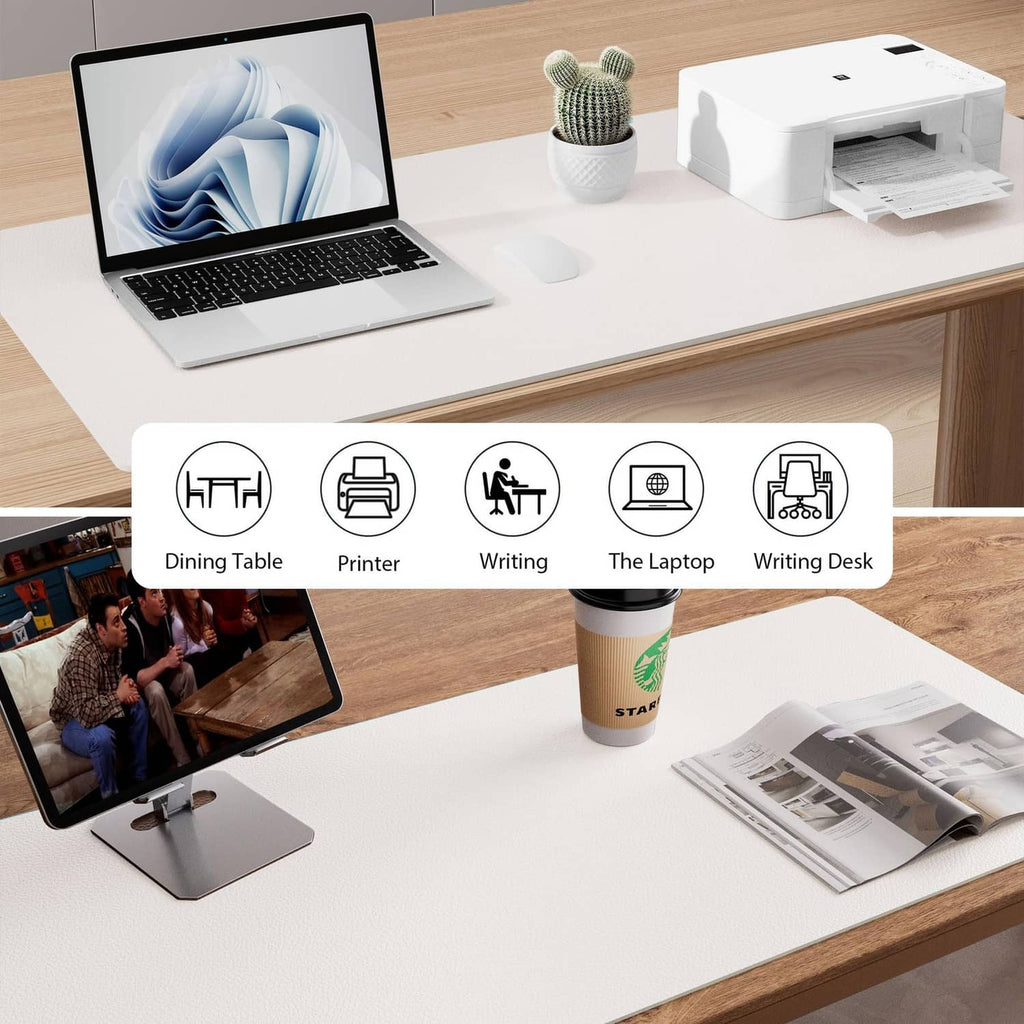 Off-white desk pad protector on tabletop with laptop, accessories, and water bottle.