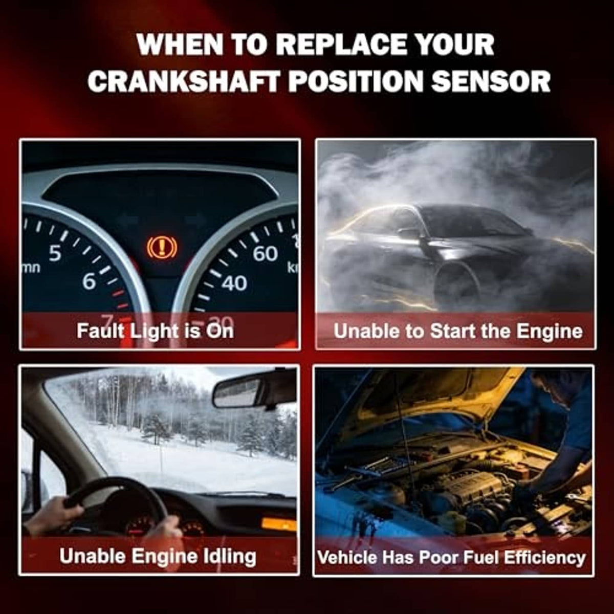 Vehicle dashboard and engine warning infographic for replacing crankshaft position sensor
