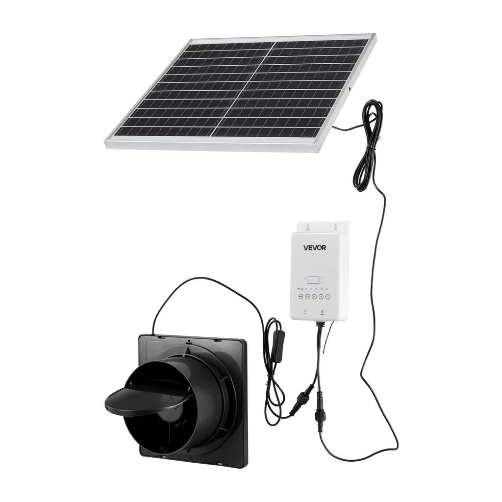 Solar ventilation fan kit with black fan, solar panel, and battery control module