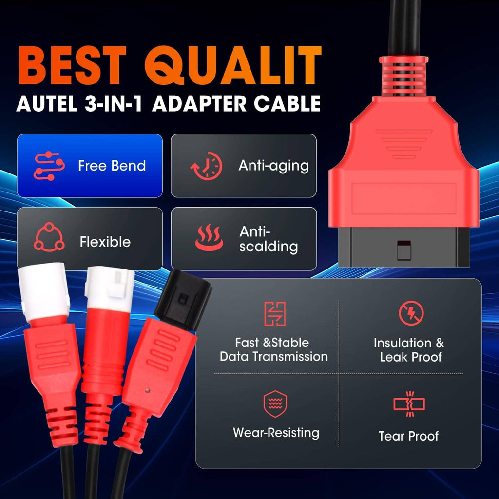 OBD2 adapter cable with red housing and multiple red plug adapters on black wire