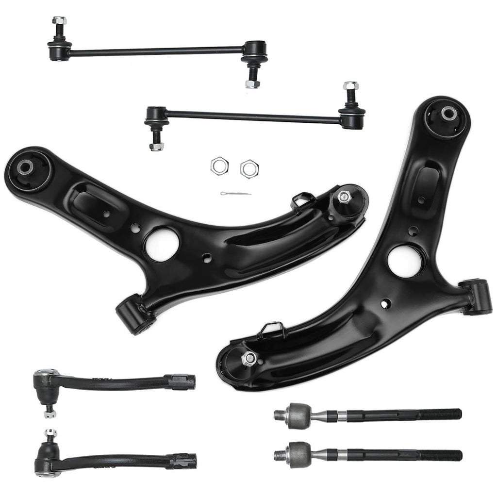 Front suspension kit components: black control arms, tie rods, and ball joints