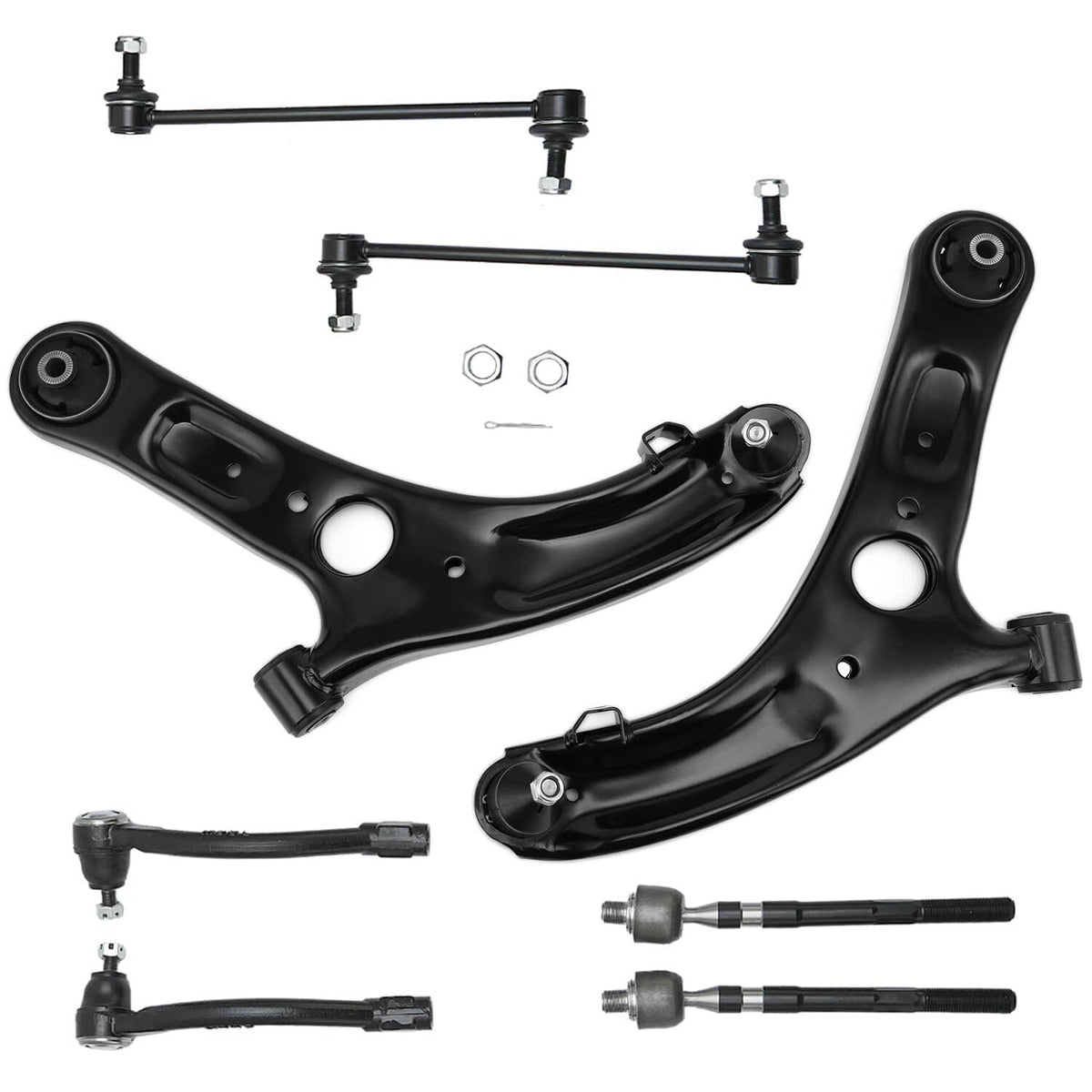Front suspension kit components: black control arms, tie rods, and ball joints