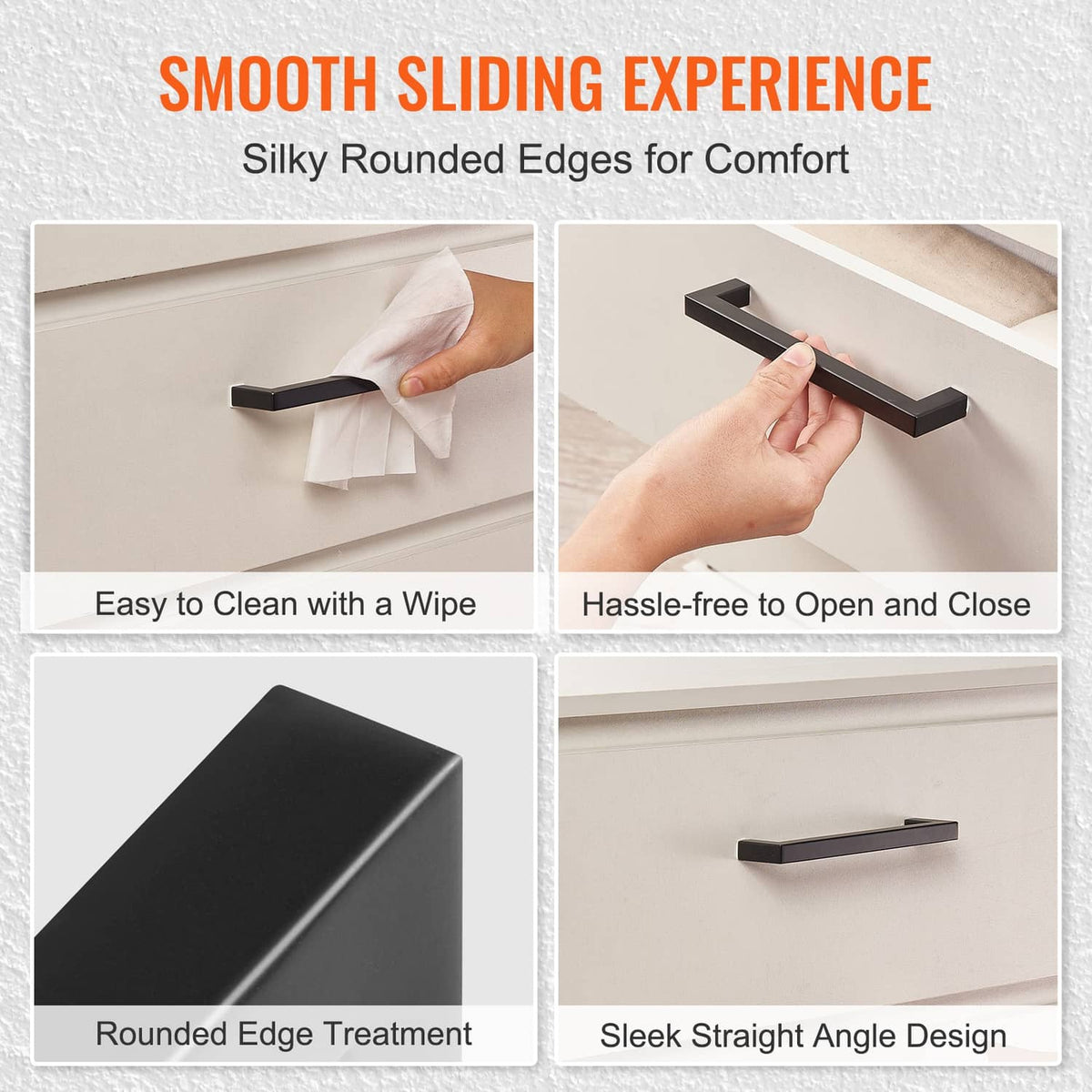 Matte black cabinet pull with smooth rounded edges and straight sleek bar design