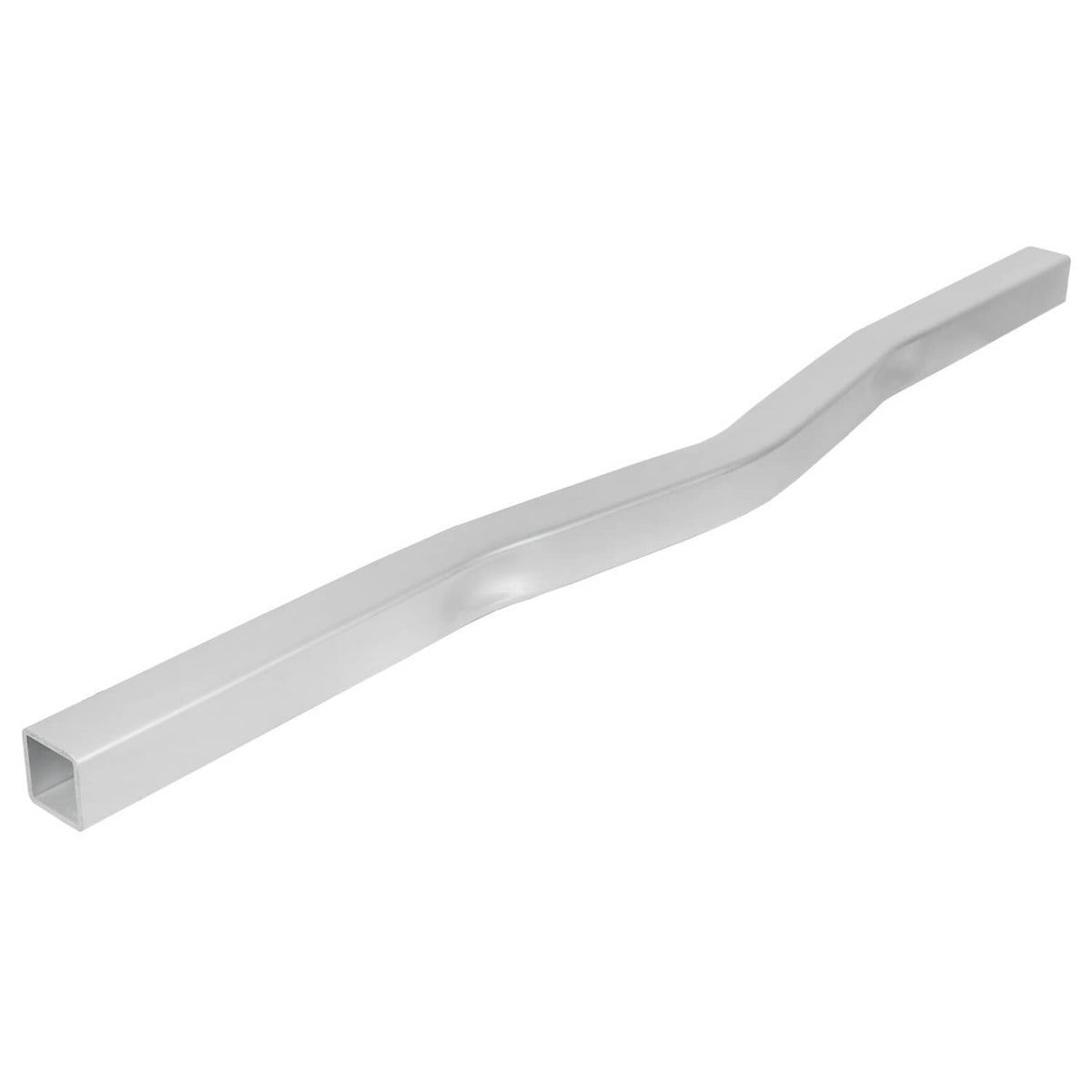 Silver square tube crossmember with V-bend curve, end-on hollow rectangular opening