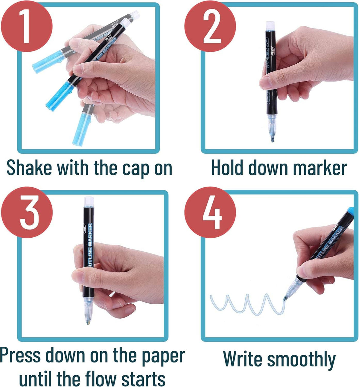 Step guide for metallic outline markers: shake, hold, press, then write smoothly.