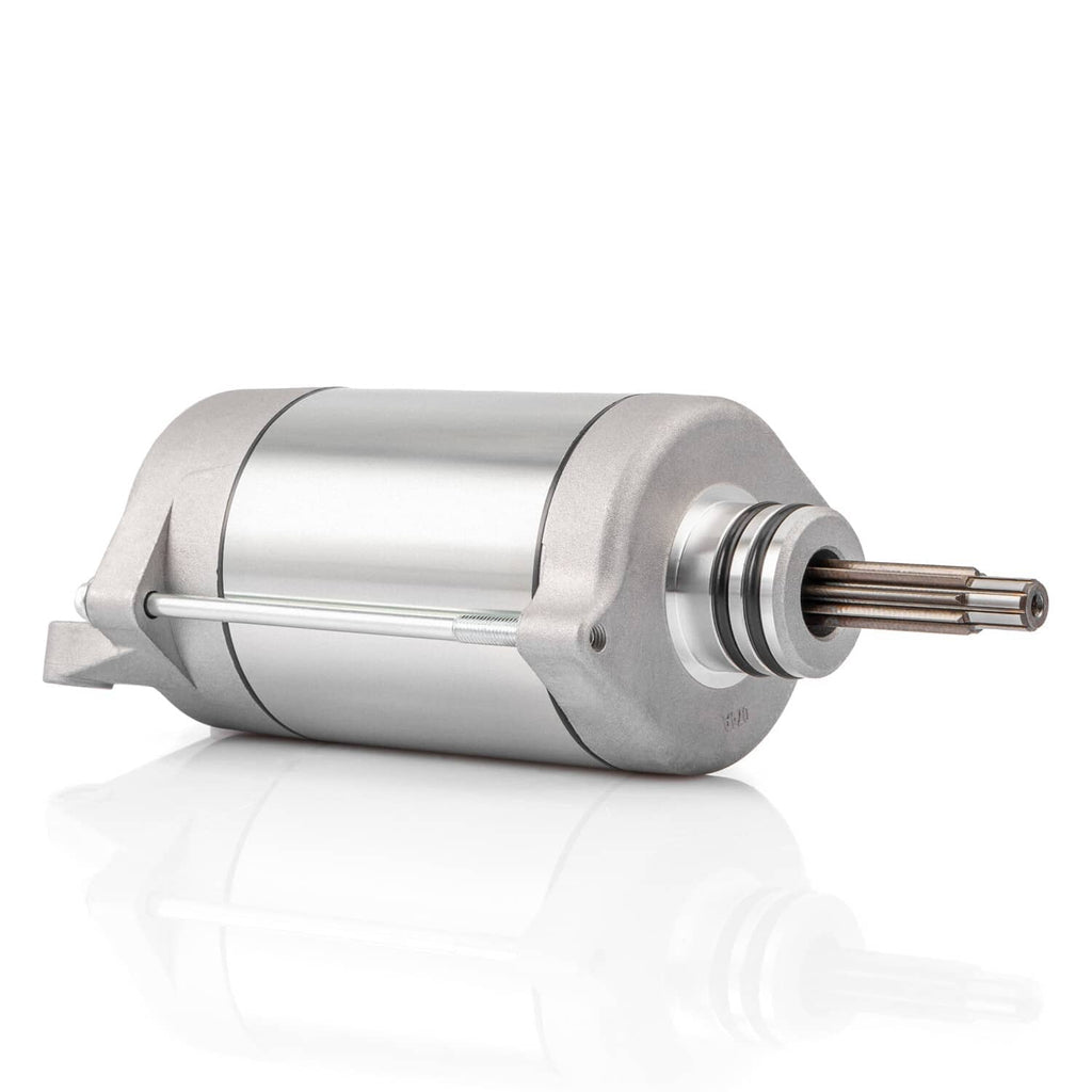 Starter motor with silver metal body, front end cap, and exposed splined drive shaft
