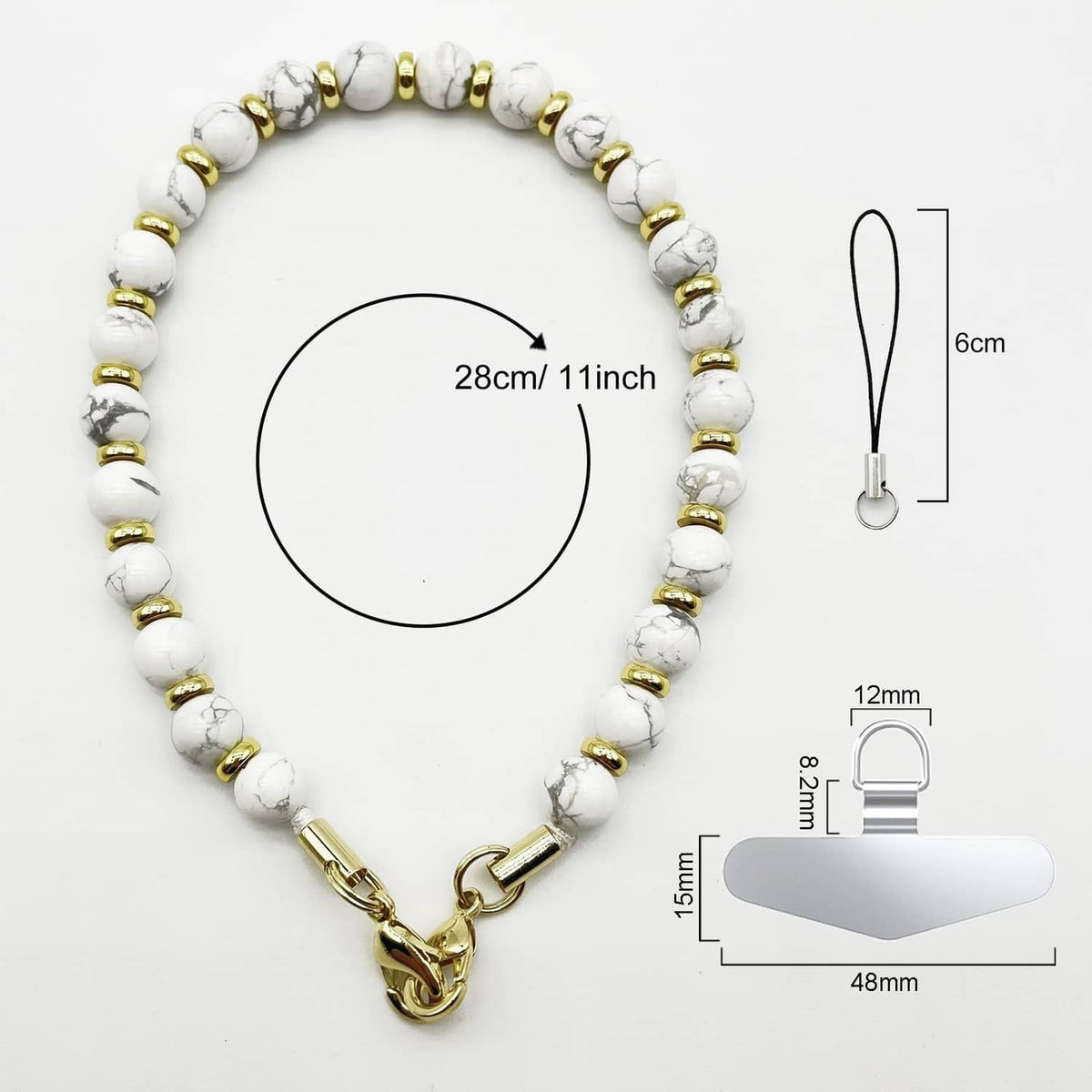 Marble white beaded phone wrist strap with gold clasp and chain