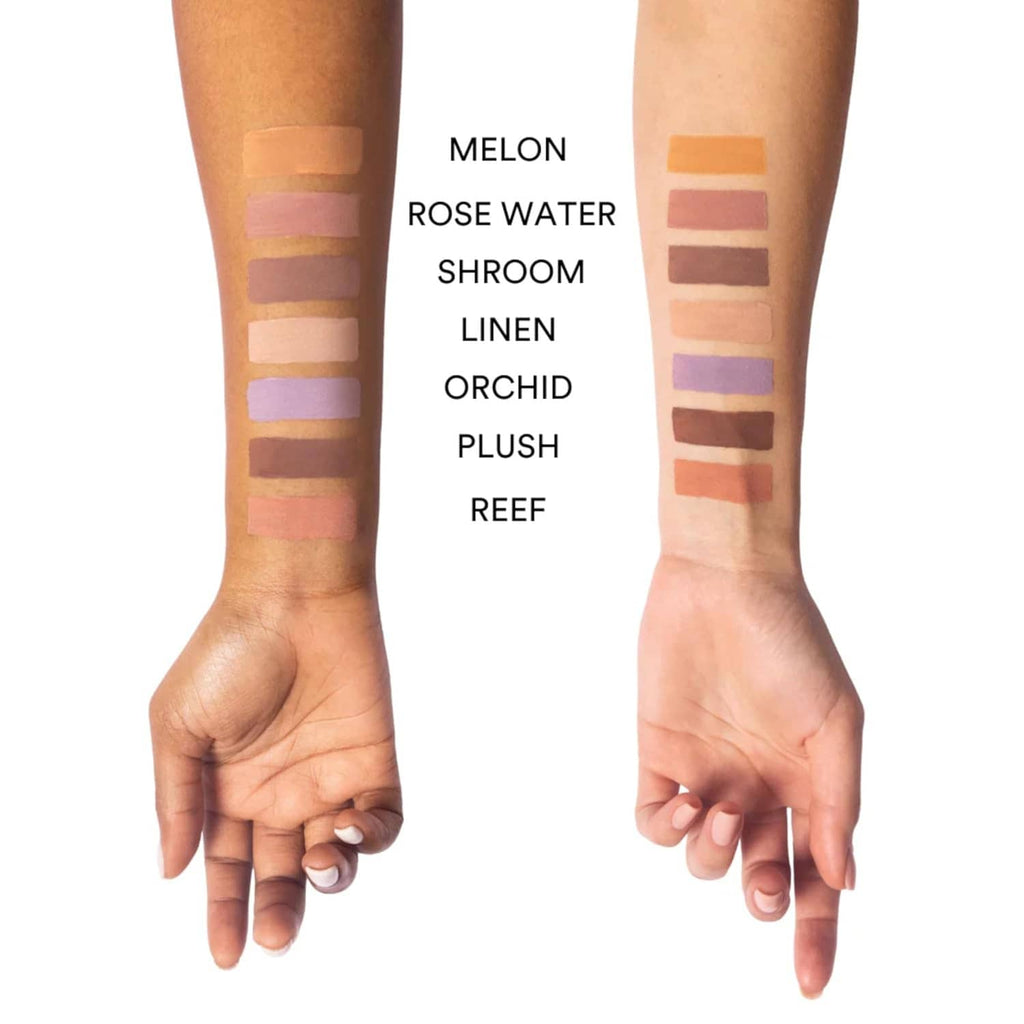 Arm swatches of multiple matte liquid eyeshadow shades in nude and rose tones