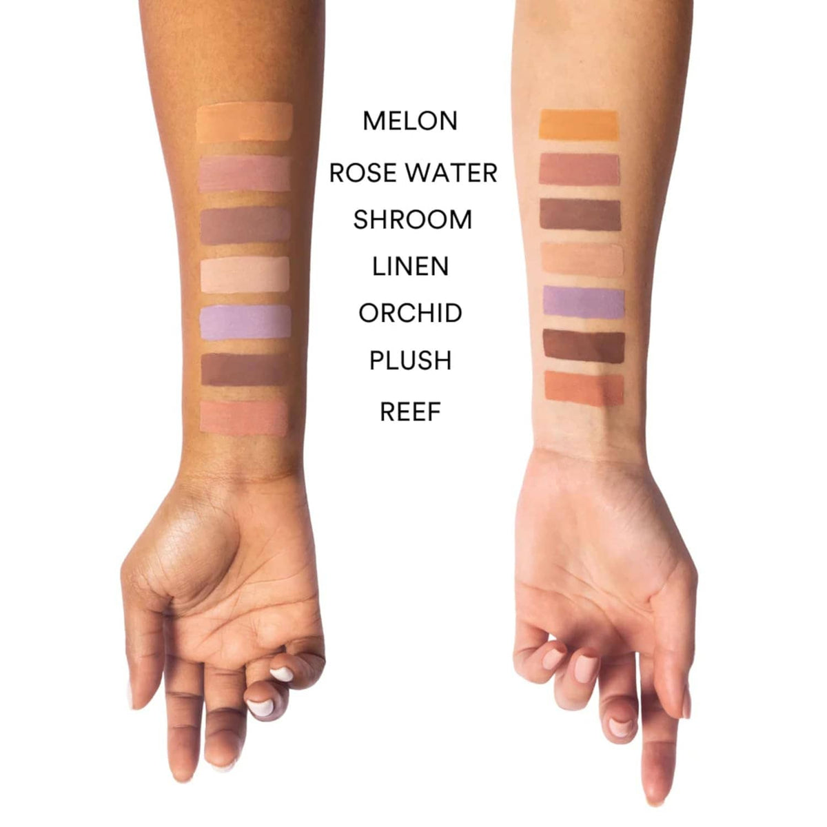 Arm swatches of multiple matte liquid eyeshadow shades in nude and rose tones