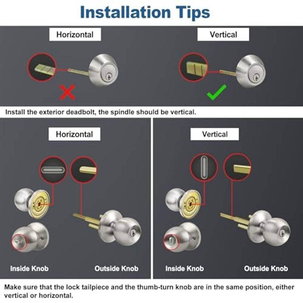 Satin nickel door knob and deadbolt lockset installation guide for vertical alignment