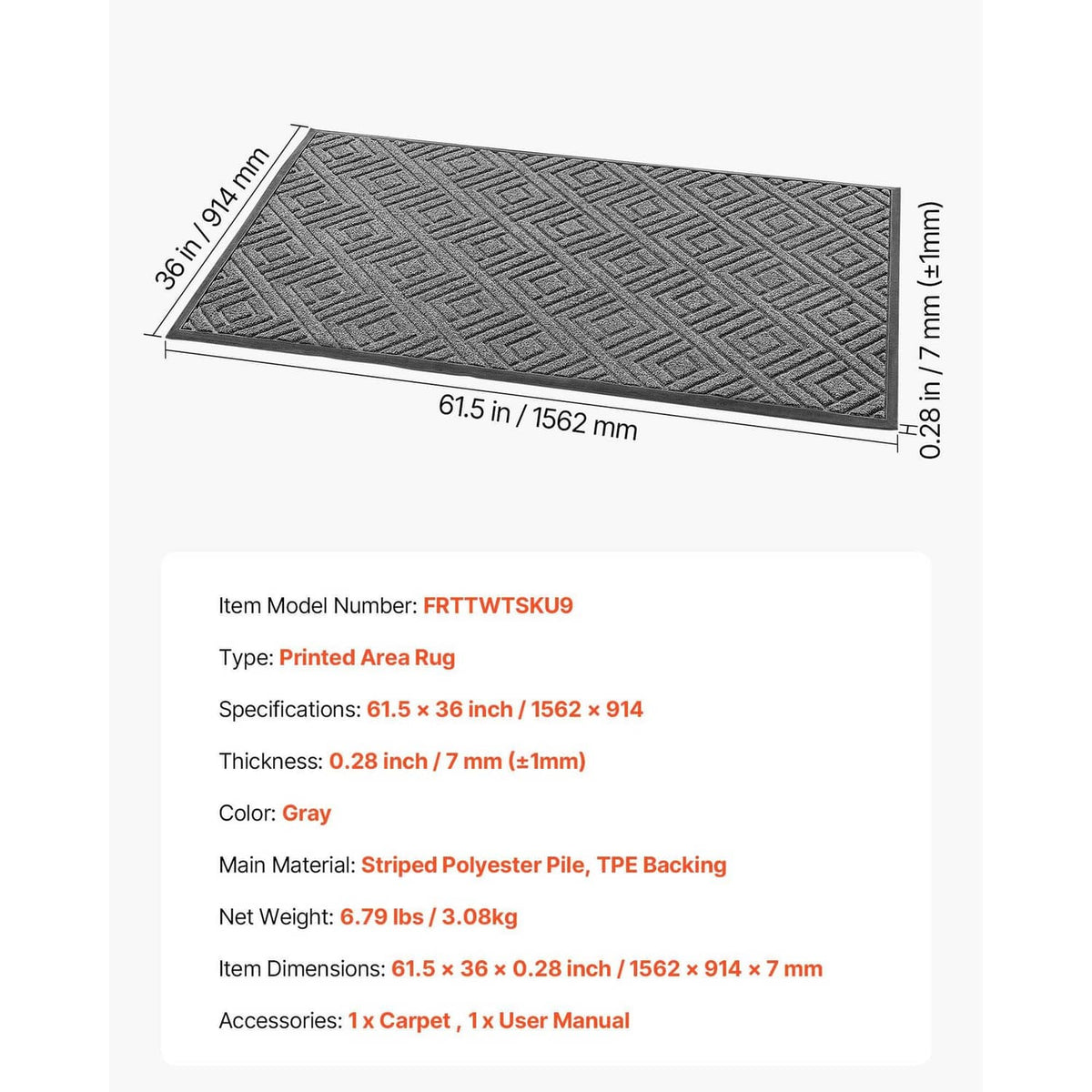 Grey rectangular front door mat, 61.5 x 36 in, 0.28 in thick, geometric texture.
