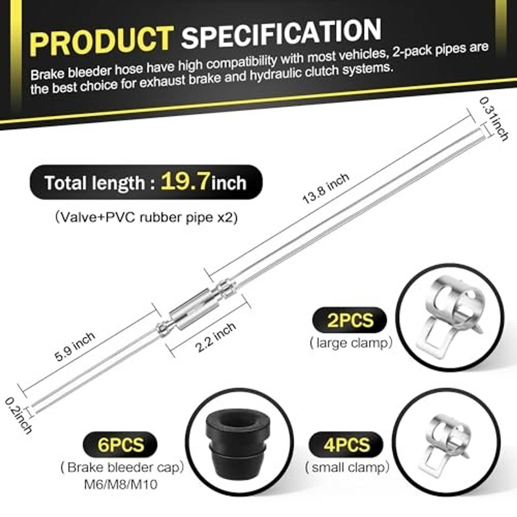 Motorcycle brake bleeder hose set with two pipes, metal valve fittings, caps, and clamps