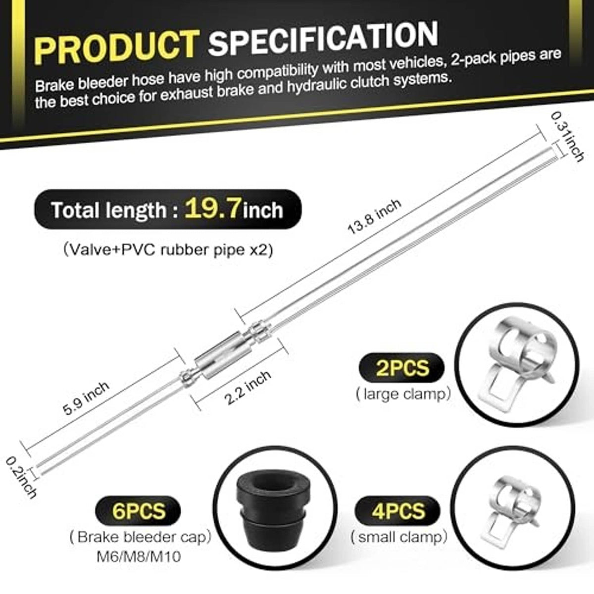 Motorcycle brake bleeder hose set with two pipes, metal valve fittings, caps, and clamps