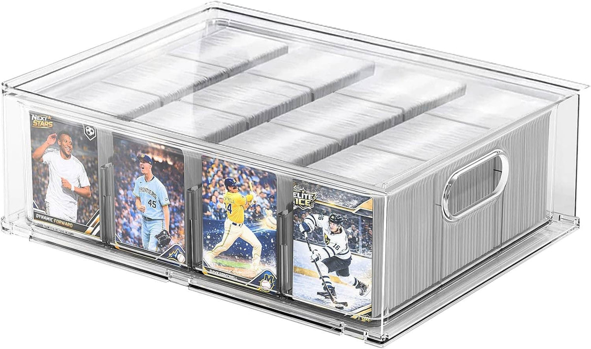 Clear trading card storage box with front window compartments and side carry handle