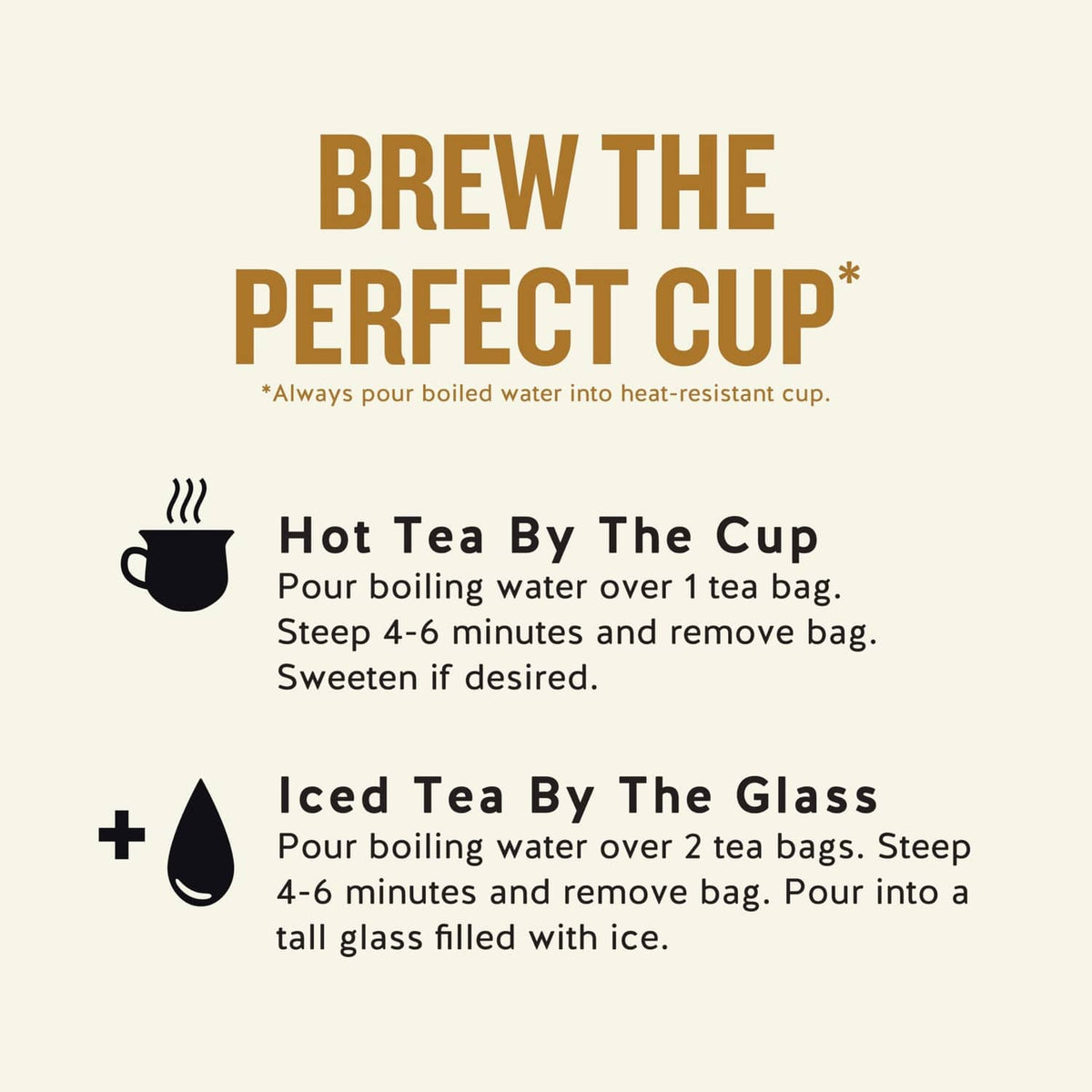 Herbal tea box brewing guide for hot tea and iced tea by the glass