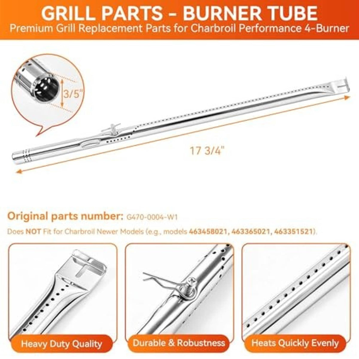 Stainless steel grill burner tube with vent holes and side mounting brackets