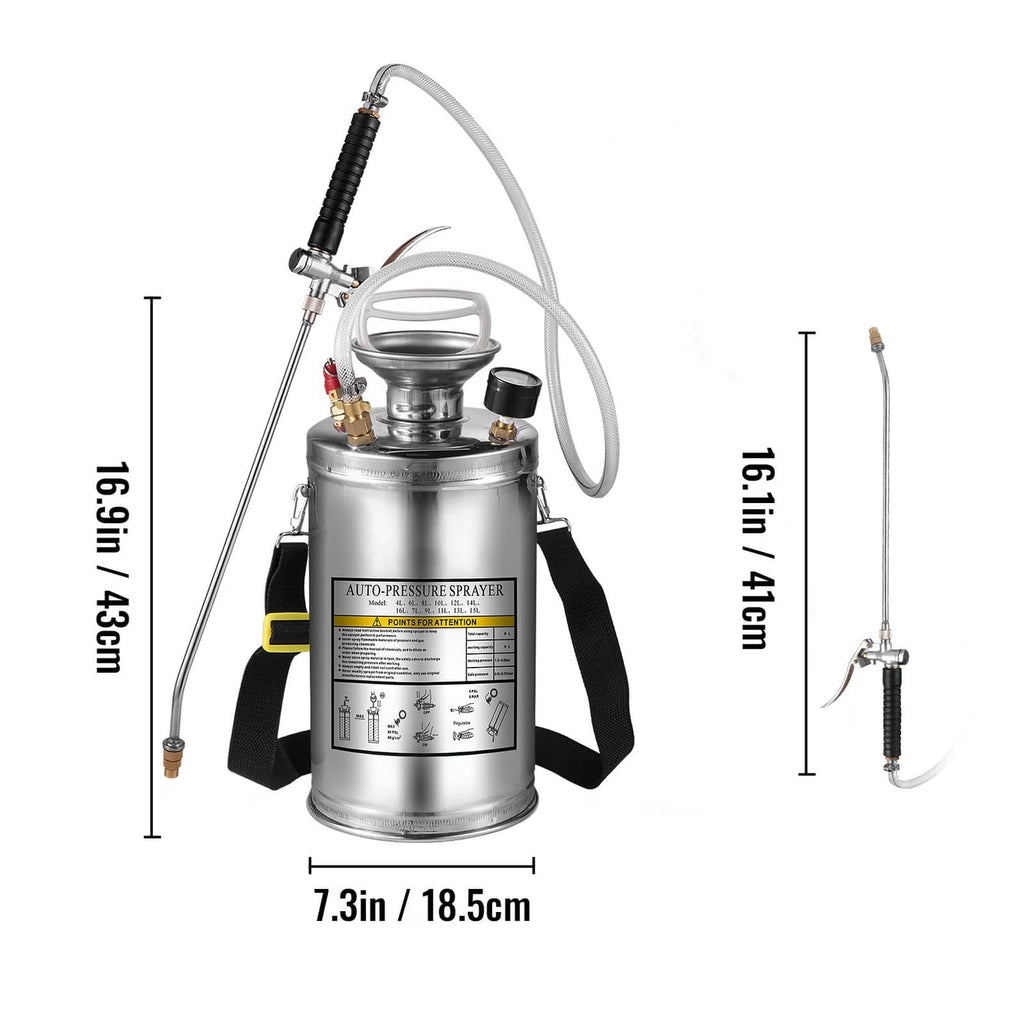 Stainless steel pressure sprayer with hose and extension wand length measurements