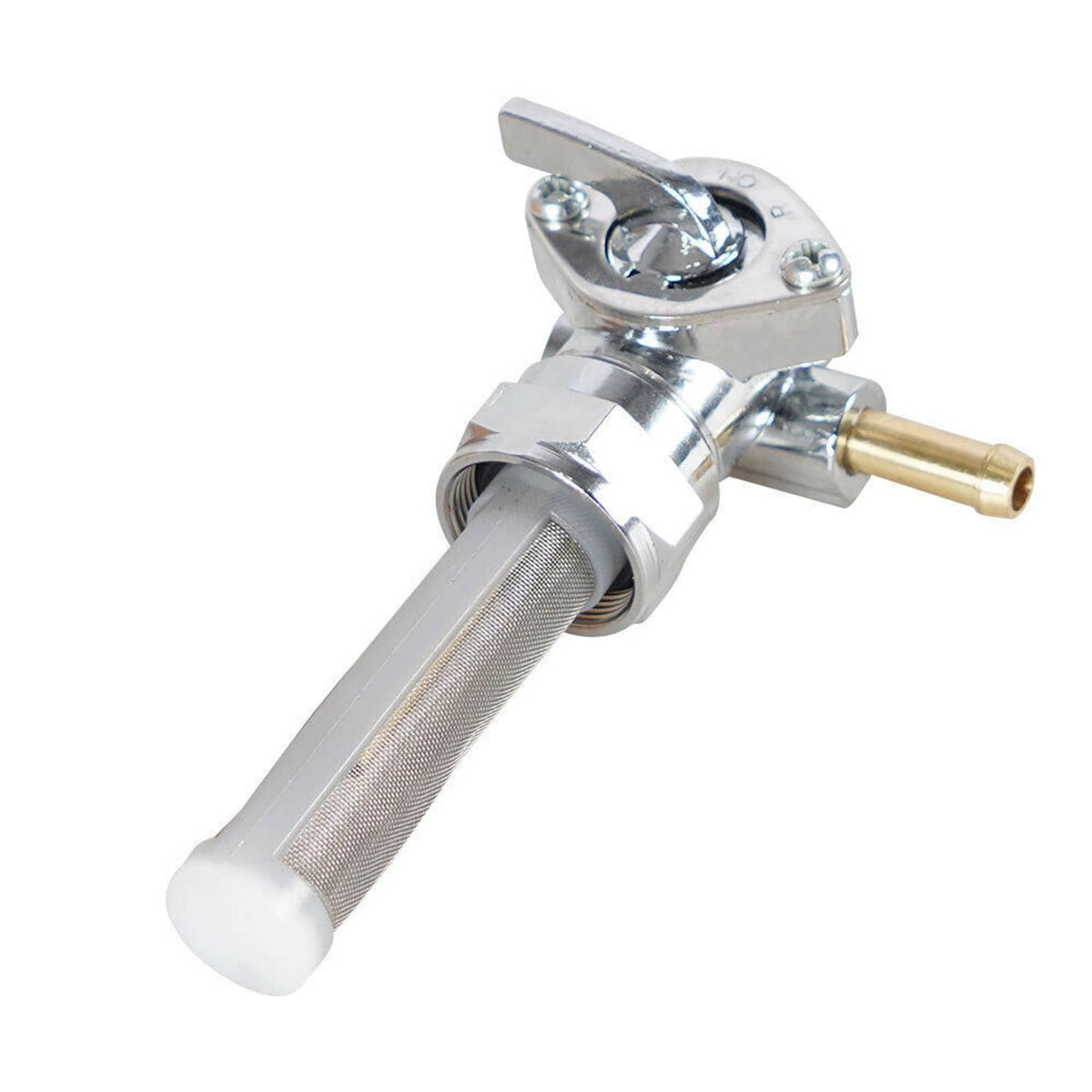 Chrome 22mm fuel petcock with left spigot, round lever, and white end filter sleeve