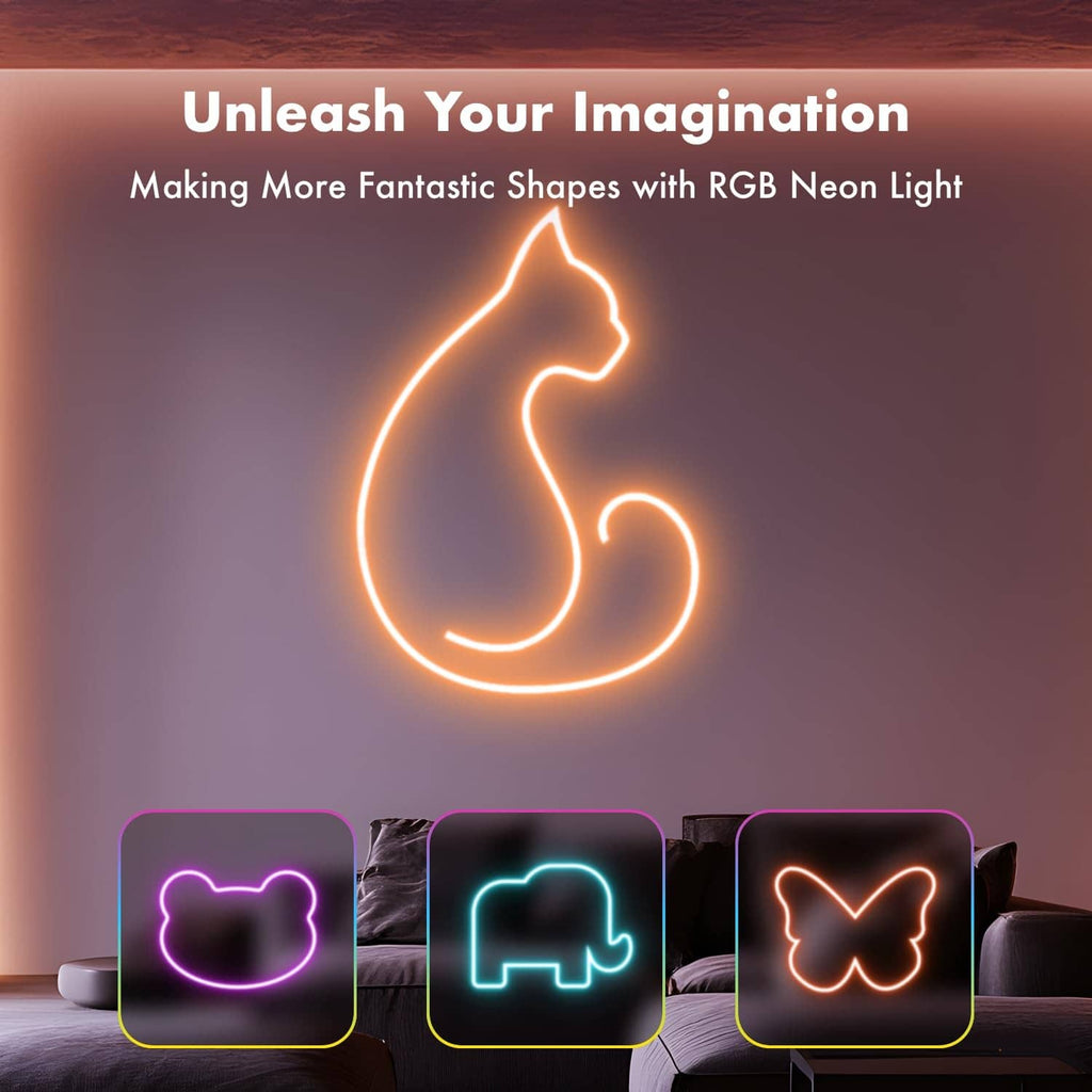 Neon rope light strip forming cat, heart, and butterfly shapes in RGB colors