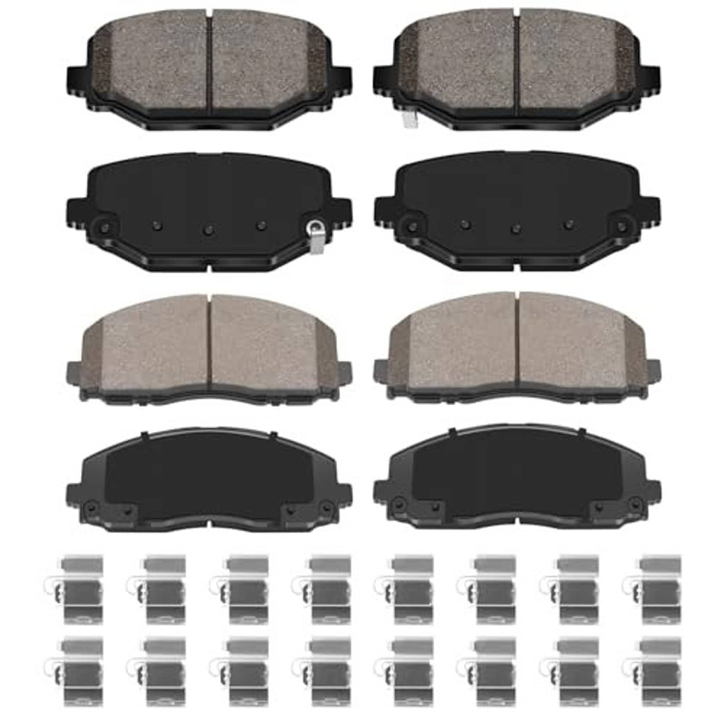 Ceramic brake pads set with gray friction faces and black backing, front and rear views