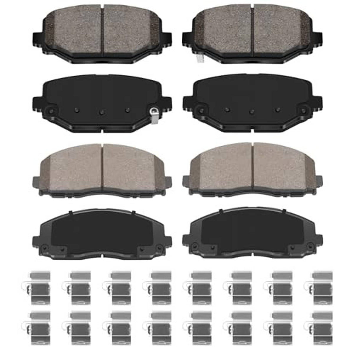 Ceramic brake pads set with gray friction faces and black backing, front and rear views