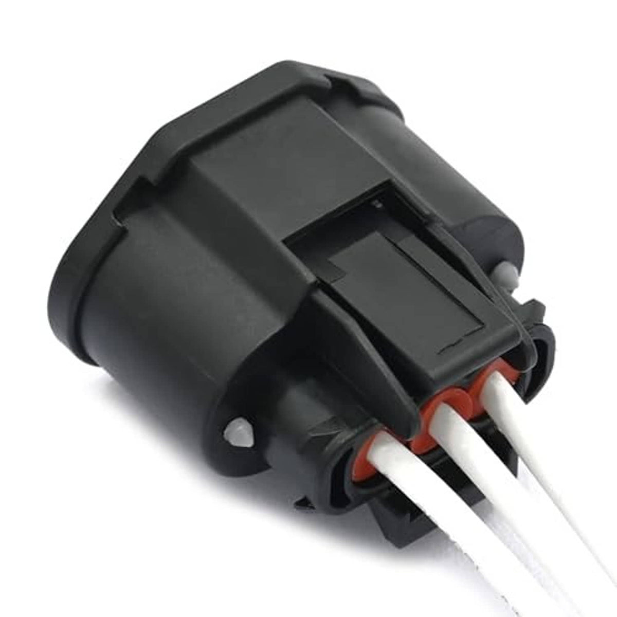 Throttle sensor connector housing with three white wires and red terminal inserts