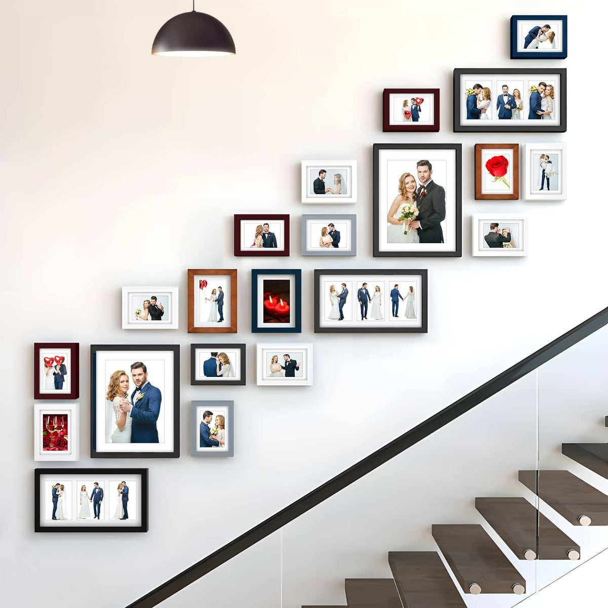 Wall display of multiple framed photos in black and wood finishes