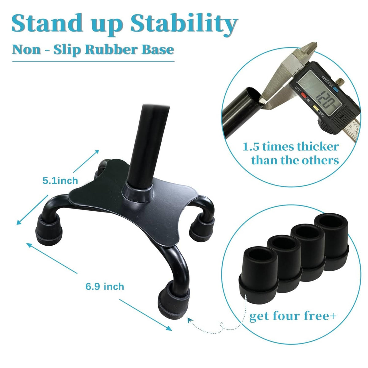 Quad walking cane base with four non-slip rubber feet on black cane