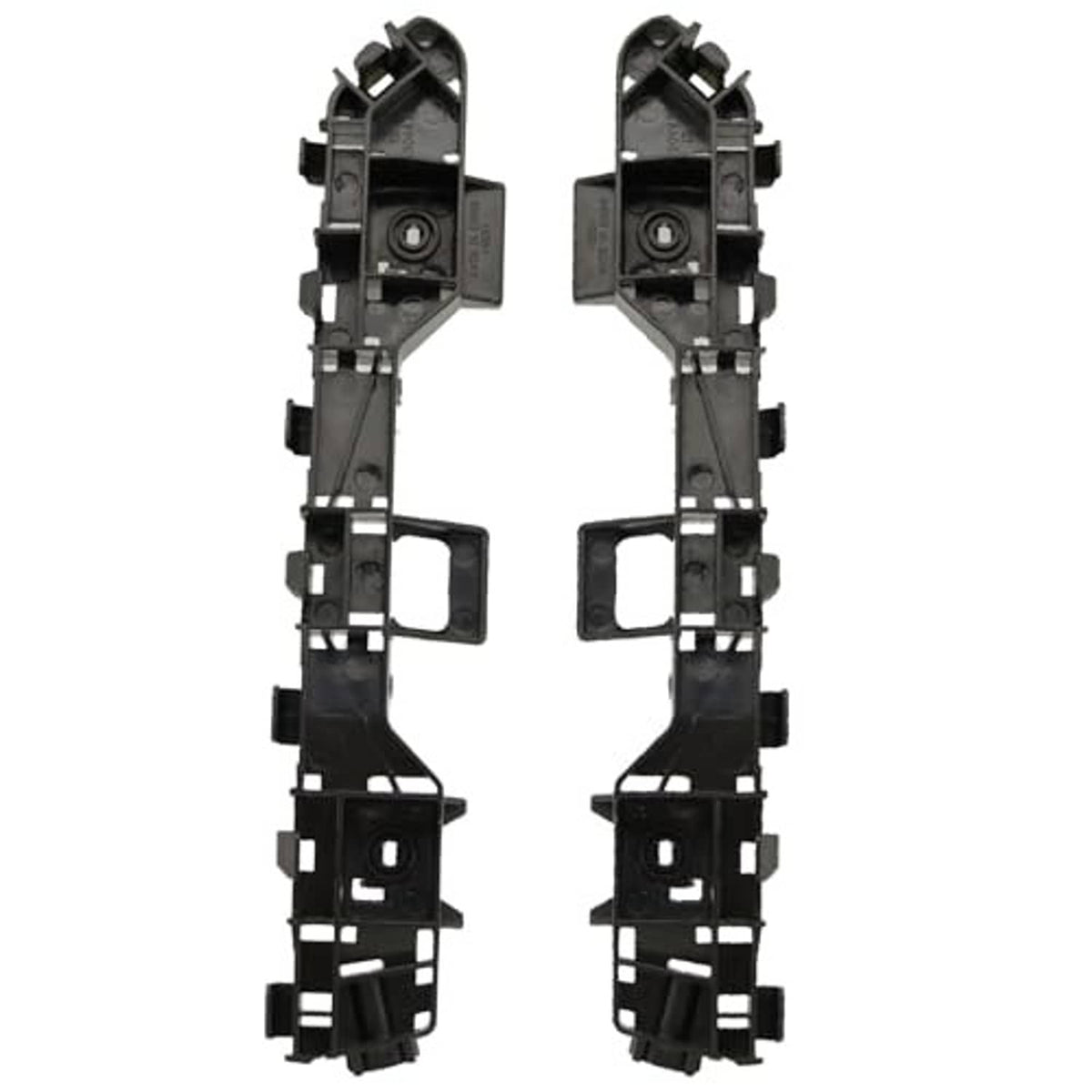 Two black front bumper brackets, left and right, with mounting tabs