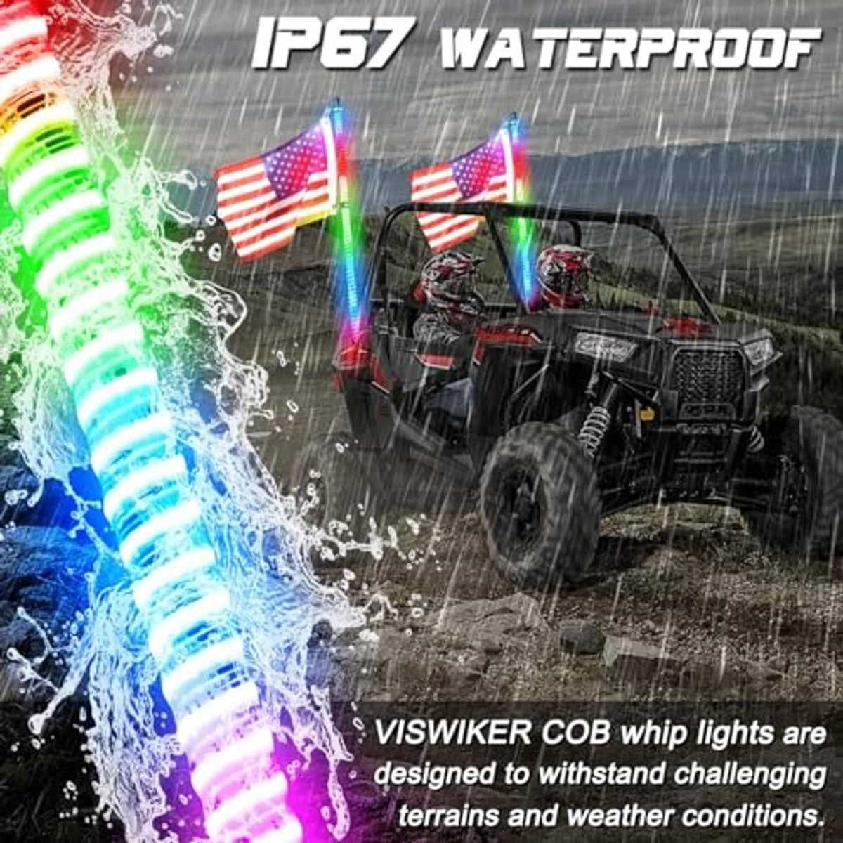 Waterproof-style COB LED whip lights with bright red, green, and blue glow in rain
