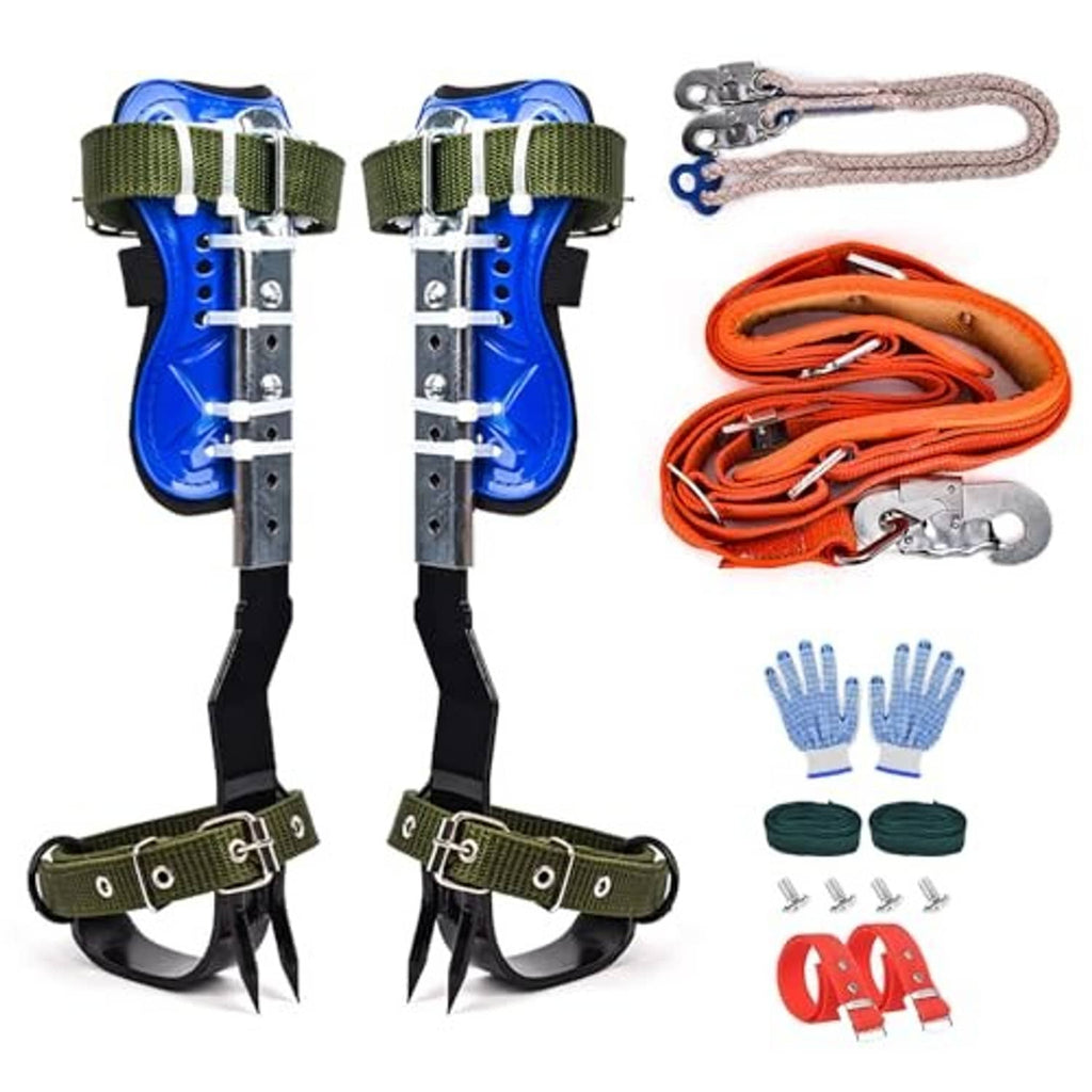 Tree climbing spikes with blue leg plates, green straps, orange lanyards and glove kit