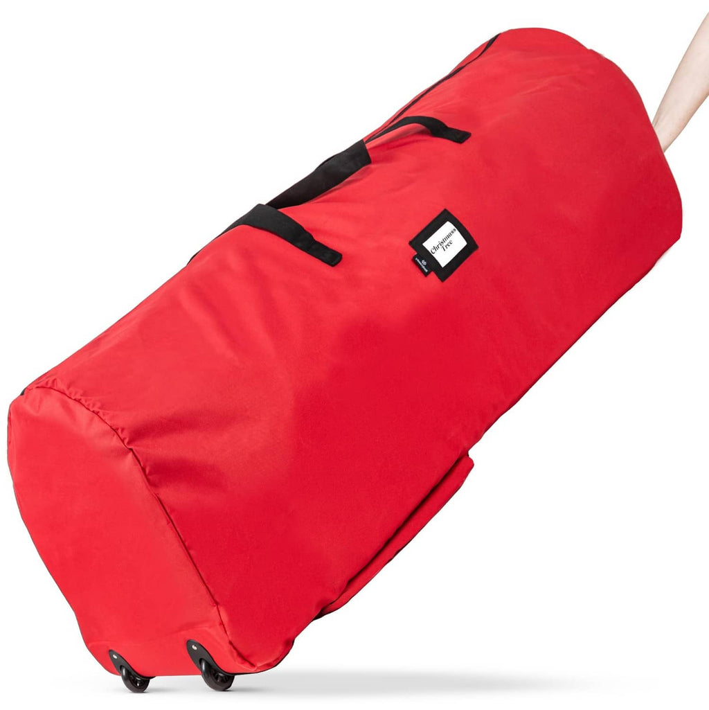 Red 9 ft Christmas tree storage bag with wheels, 600D fabric and black straps