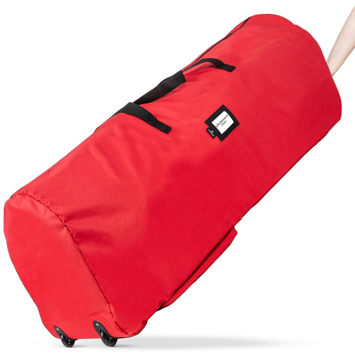 Red 9 ft Christmas tree storage bag with wheels, 600D fabric and black straps
