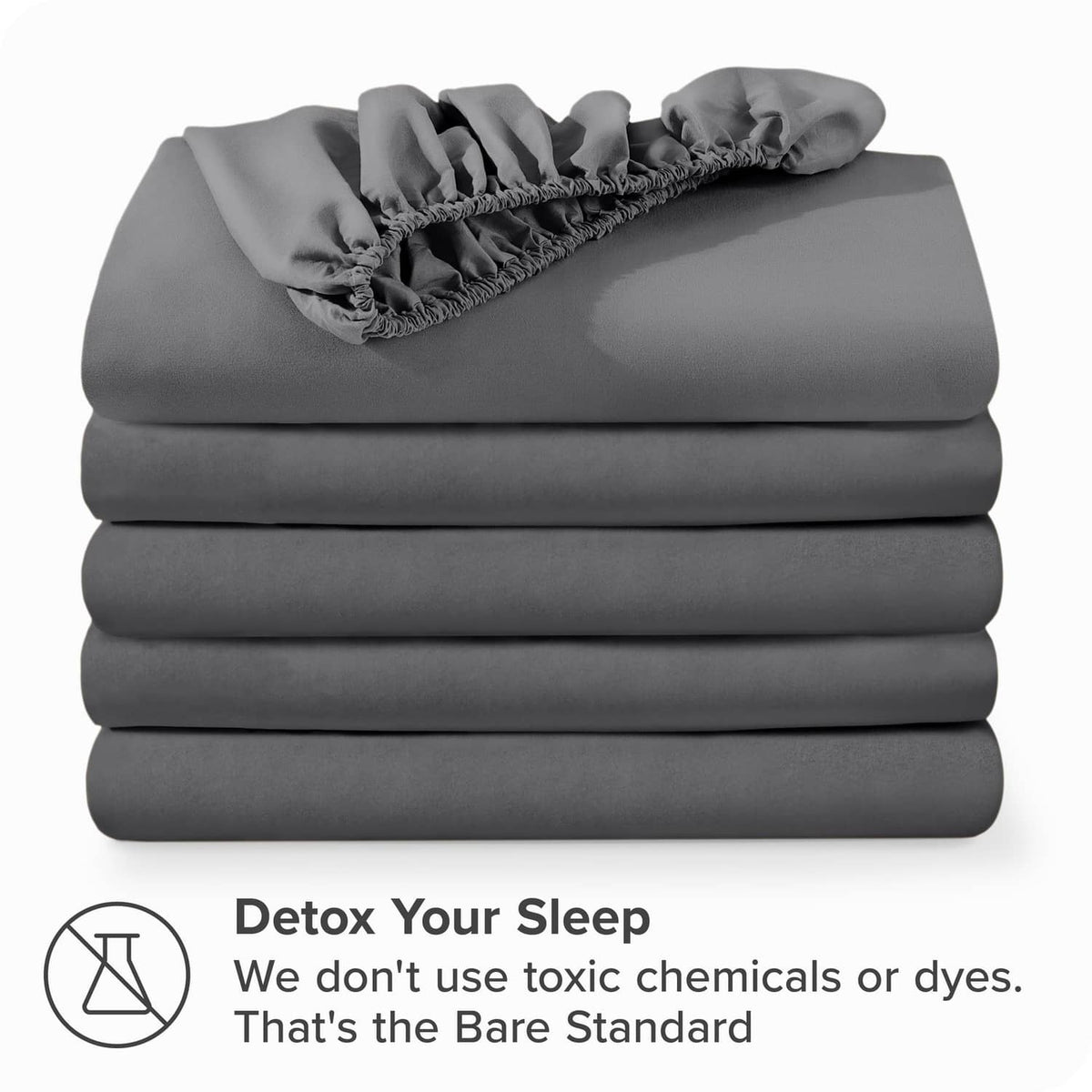Grey fitted sheet set, neatly stacked microfiber sheets with elastic trim