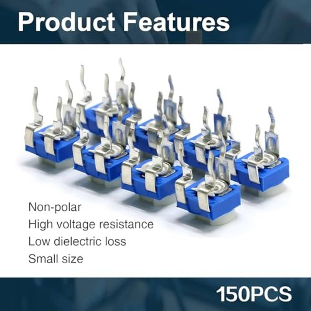 Potentiometer assortment kit with multiple blue trimmers lined up for feature overview