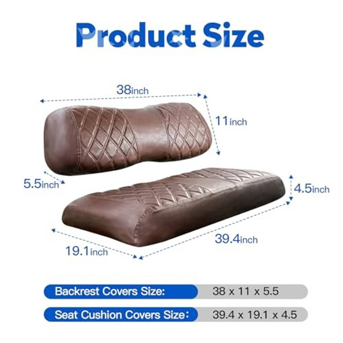 Brown seat and backrest cover sizing diagram with diamond quilting shown.