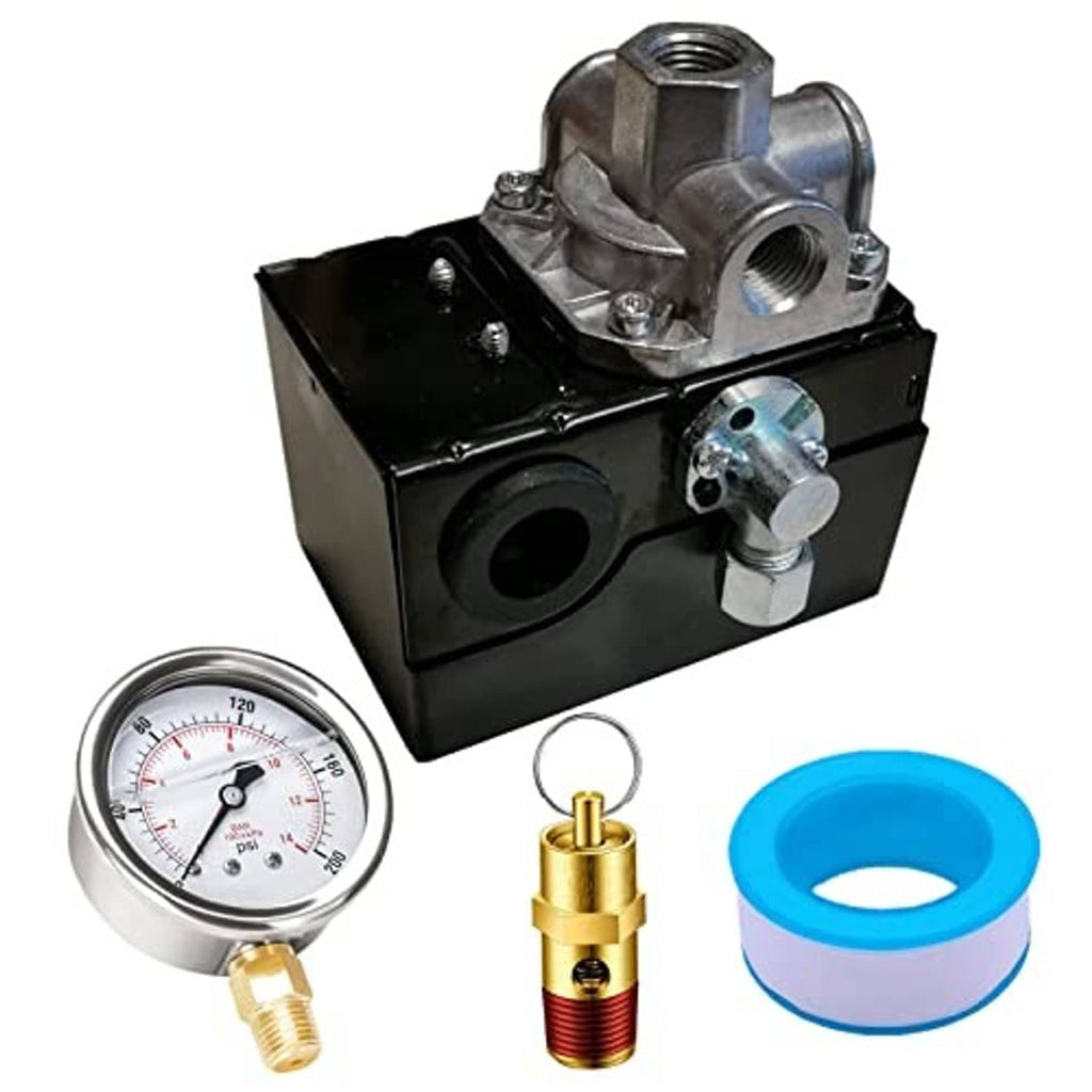 Air compressor pressure switch block with threaded ports and circular side opening