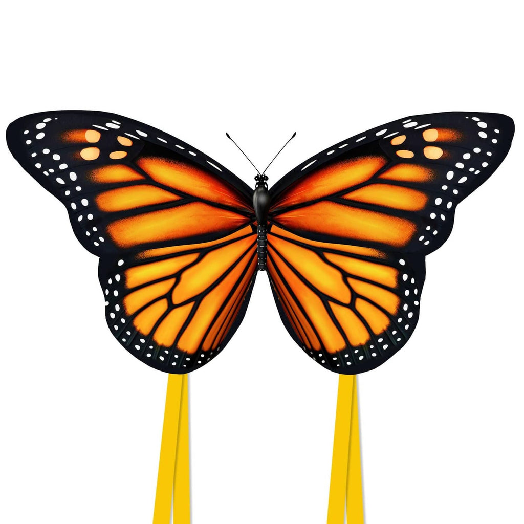 Monarch butterfly kite with orange-and-black wings and two yellow streaming tails