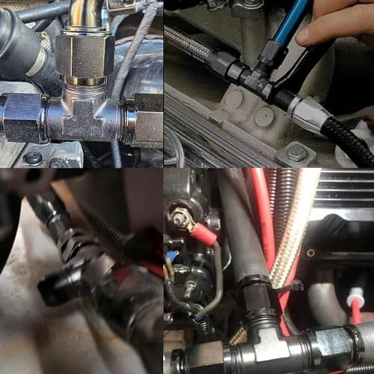 Black AN tee fitting installed on engine bay hoses with braided lines attached.