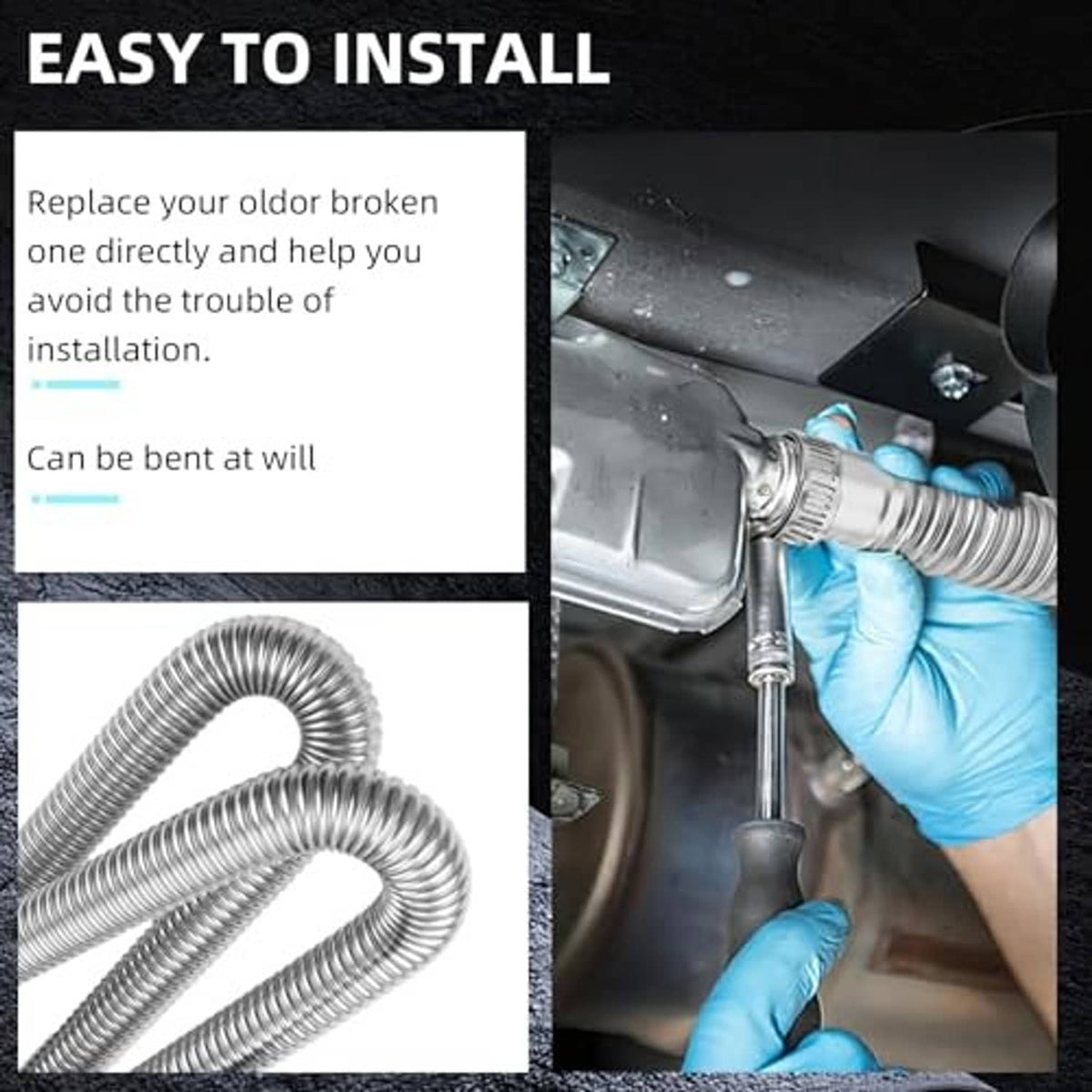 Stainless steel exhaust hose attached to exhaust pipe with a mounting clamp