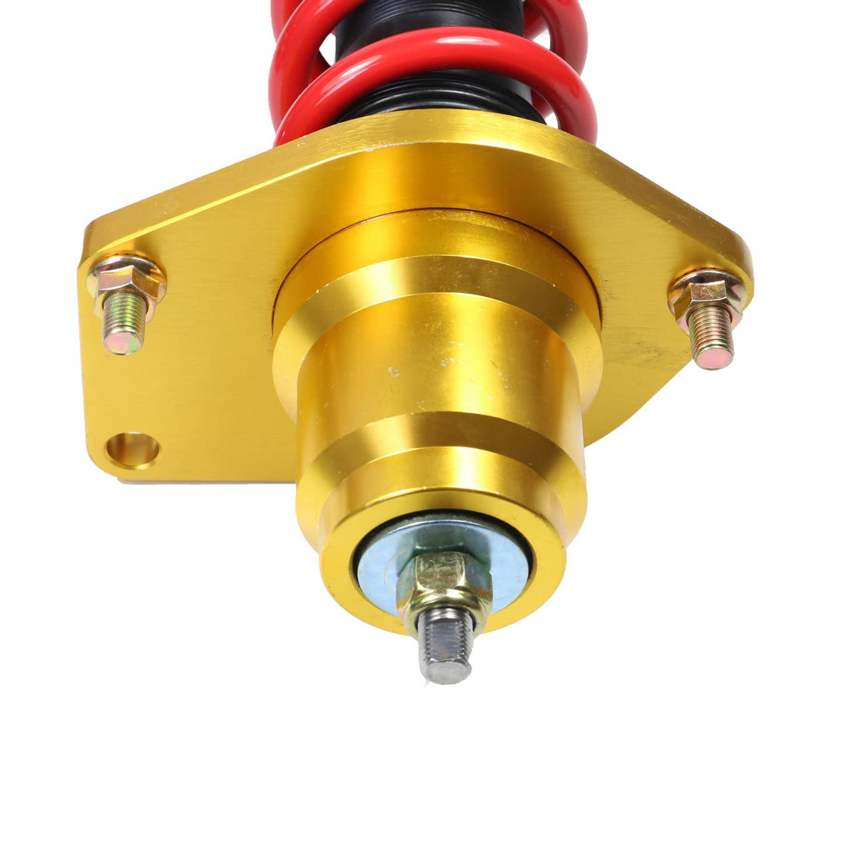 Gold top mount for adjustable coilover strut with red spring and threaded center rod
