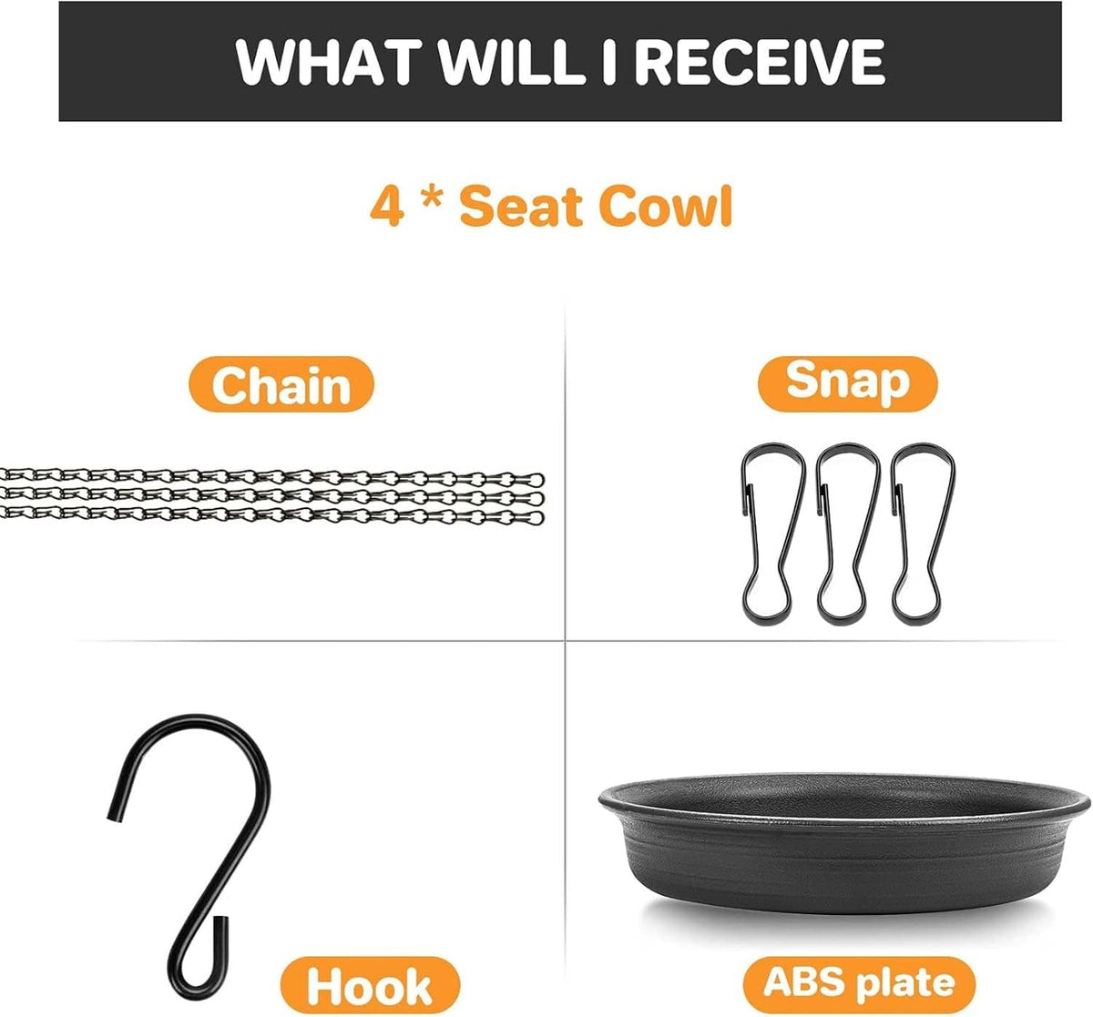 Dark grey bird bath feeder tray with included chain and snap hooks