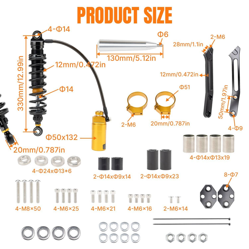Rear shock set shown with size diagram, hoses, reservoir, and mounting components