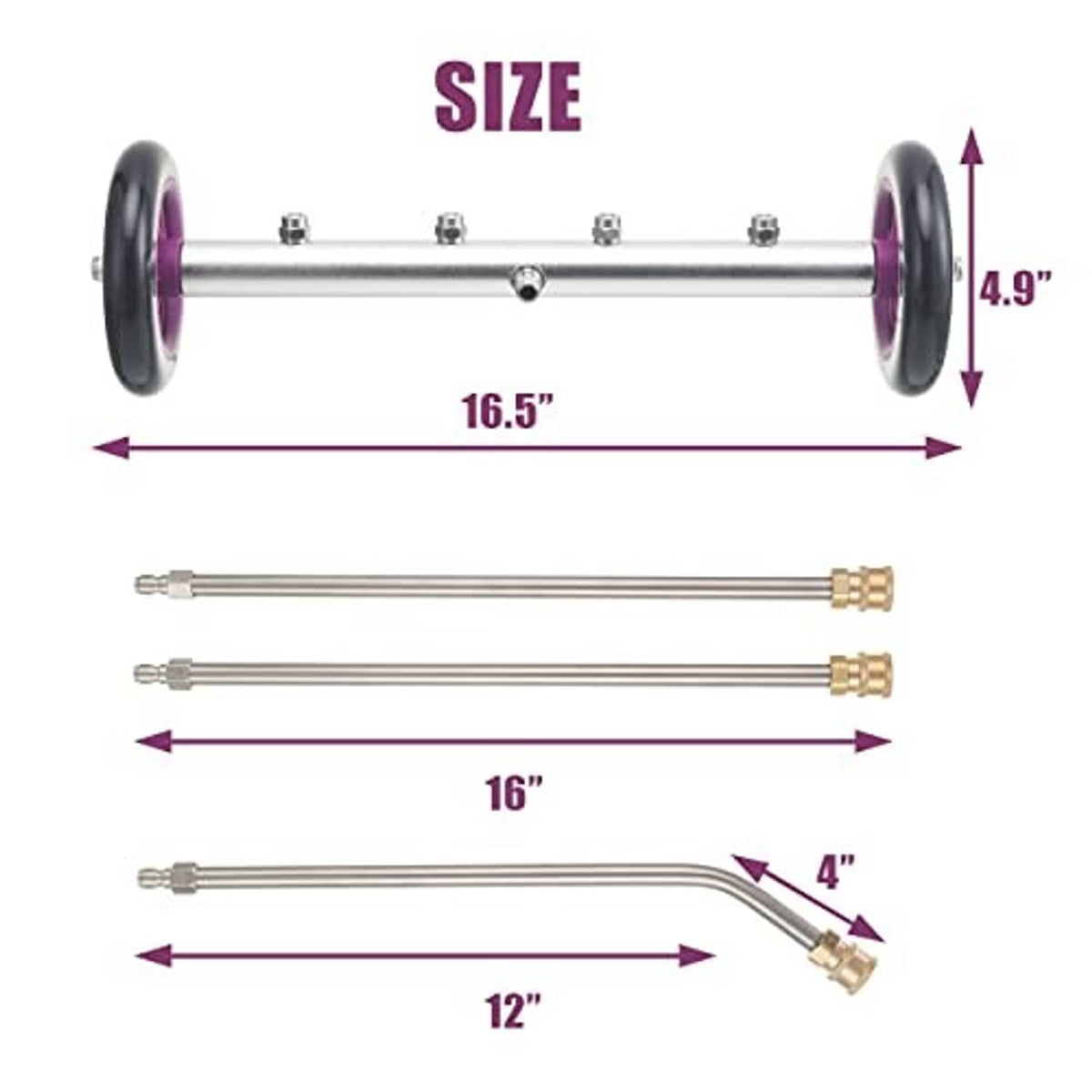 Undercarriage cleaner size diagram with 16 in length, 4 in angled nozzle, and nozzle parts