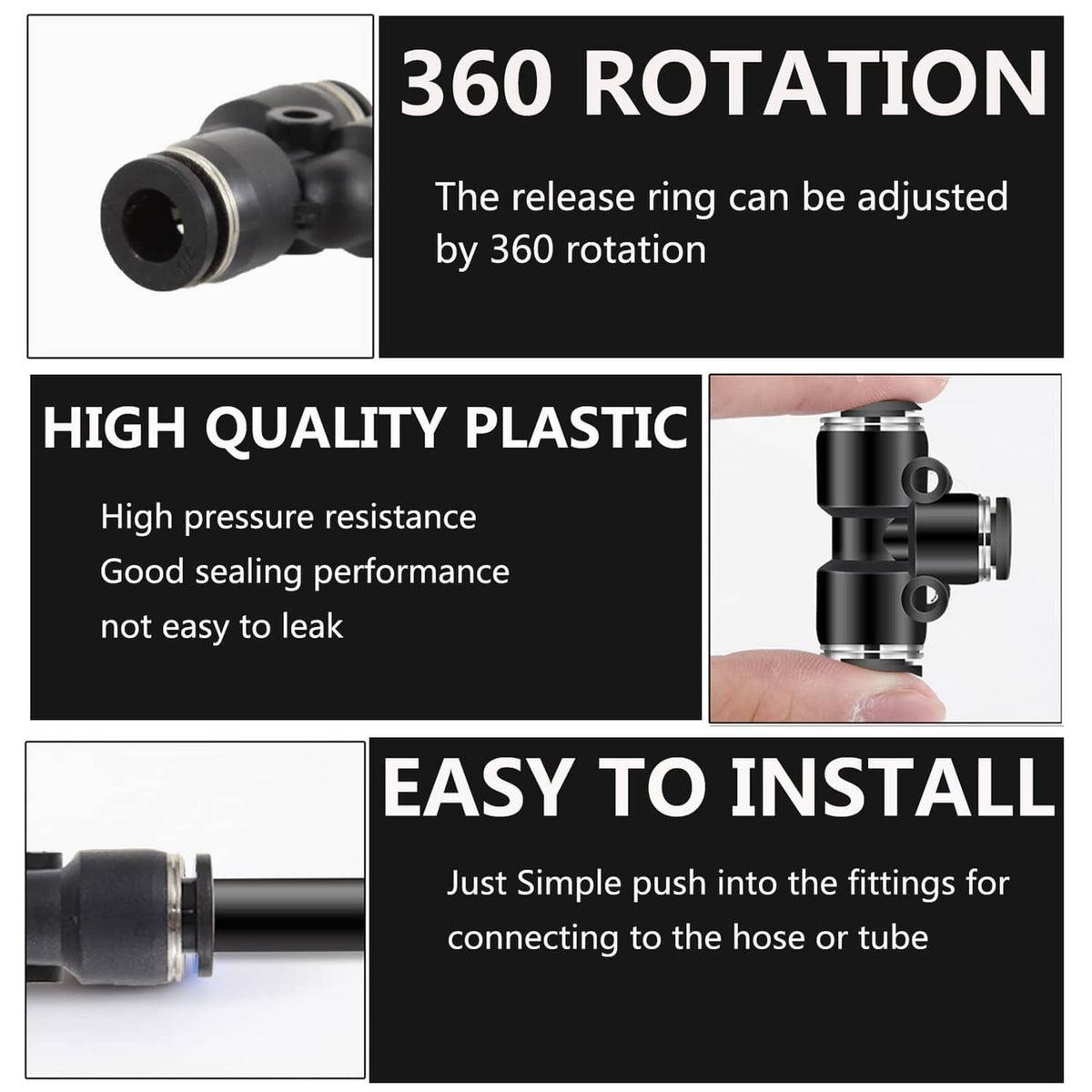 Black push-to-connect fitting with adjustable release ring and easy push-in design