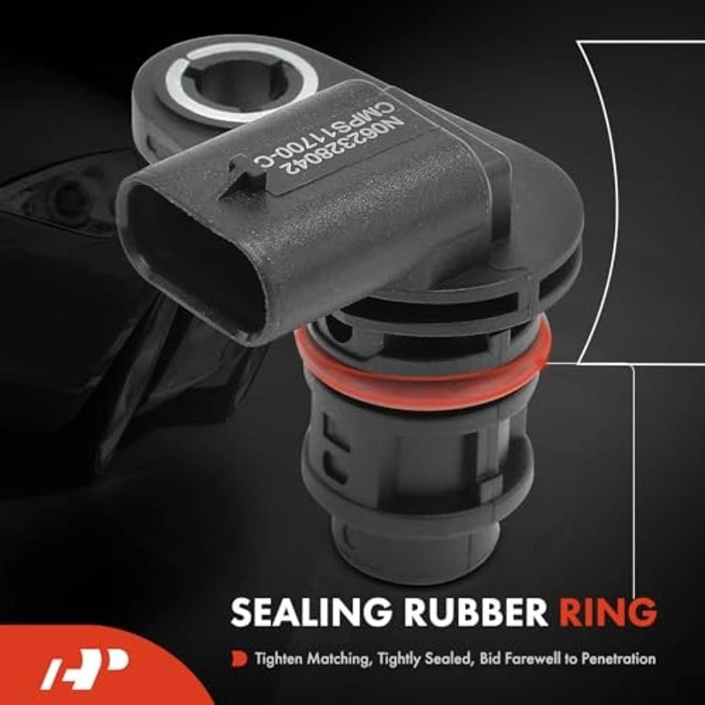 Close-up camshaft position sensor showing orange sealing rubber ring and gray collar.
