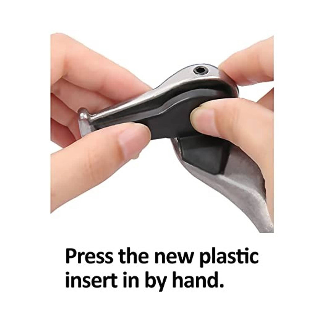 Black duckhead tire changer insert in tool, hands pressing into place